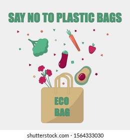 Pollution problem concept. Say no to plastic bags, bring your own textile bag.  Flat editable vector illustration