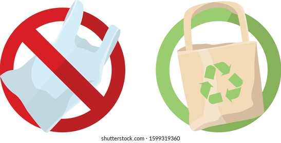 Pollution problem concept. Say no to plastic bags, bring your own textile bag. Cartoon styled images .Signage calling for stop using disposable polythene package.Vector illustration.