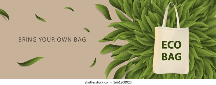 Pollution problem concept. Say no to plastic bags, bring your own textile bag. Vector illustration