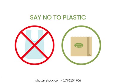 Pollution problem concept. Say no to plastic bags, bring your own textile bag. Ecology conversation. Vector illustration.