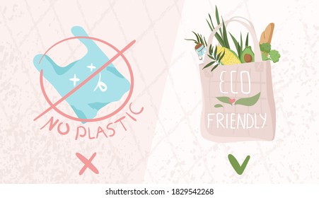 Pollution problem concept. Say no to plastic bags, bring your own textile bag. Cartoon style image. A call to stop using the disposable polythene bag. Flat vector illustration