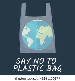 Pollution problem concept. Say no to plastic bags. Cartoon banner calling for stop using disposable polythene package. Fight against accumulation of plastic toxic products in environment, save nature