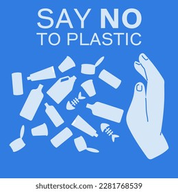 Pollution problem concept. Say no to plastic. Cartoon banner calling for stop using disposable polythene package. Fight against accumulation of plastic toxic products in environment, save nature