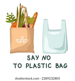 Pollution problem concept. Say no to plastic bags, bring a textile bag with you. 