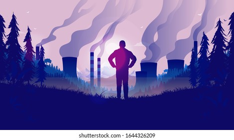 Pollution problem - Man looking at polluting factories from nature. Toxic smoke rising from pipes to the sky, fog and dark colours. Disappointed person and climate change concept. Illustration.