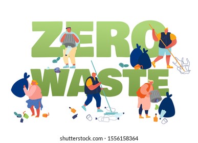 Pollution Recycling Ecology Zero Waste Concept. People Removing Trash, Cleaning Earth Surface with Rakes. Saving Planet, Environment Poster Banner Flyer Brochure. Cartoon Flat Vector Illustration