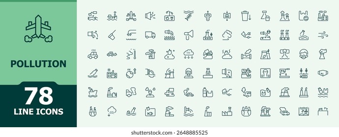 Pollution related icon set. Modern linear icons. Environment icon. Contains outline symbols like eco, environment, ecology, greenhouse, dust and more.