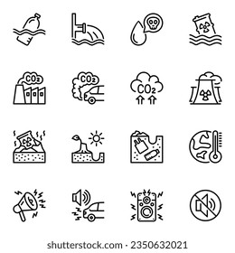 pollution related vector line icons set. nuclear, warming, pollution, gas, problem, atmosphere, damage, dust, global, smoke, factory, carbon, eco, outline, dioxide, effect, radiation, chemical