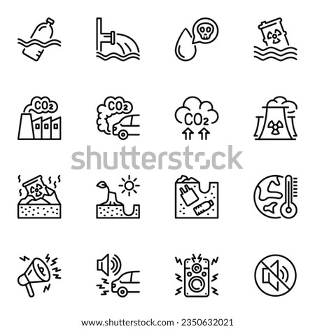 pollution related vector line icons set. nuclear, warming, pollution, gas, problem, atmosphere, damage, dust, global, smoke, factory, carbon, eco, outline, dioxide, effect, radiation, chemical