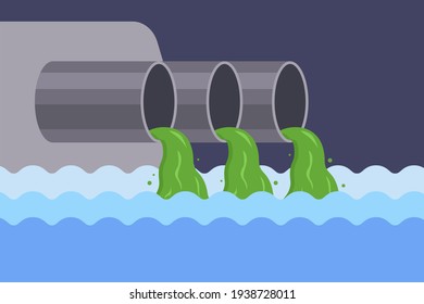 pollution of the river with sewage from the factory. throw rubbish into the water. contamination of drinking water. flat vector illustration.