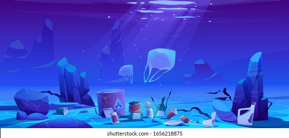 Pollution sea by plastic trash, garbage underwater. Vector cartoon landscape of ocean bottom with floating bags, piles of rubbish and bottles, barrel with toxic waste. Ecological disaster