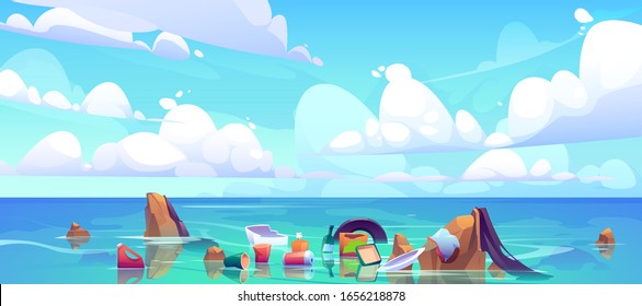 Pollution Sea By Plastic Trash, Garbage In Water. Vector Cartoon Landscape Of Ocean With Floating Dirty Waste, Bottles, Bags, Rubbish. Ecological Problem Of Polluted Environment