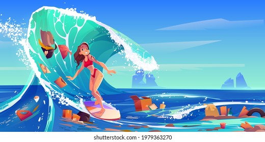 Pollution sea by plastic trash and garbage. Surfer girl swim in dirty water. Vector cartoon landscape of ocean with woman riding on surf board and floating waste, bottles, boxes and bags