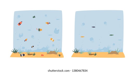 Pollution of the sea and ocean with a plastic bottle. The concept of environmental disaster. Vector flat set. Before and after garbage disposal from the bottom.