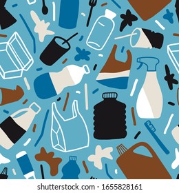 Pollution seamless pattern. Plastic bottles, bag, straw, package. Recycle, save the environment, use less plastic, go green, eco concept. Products recycling. Flat vector texture for textile, paper