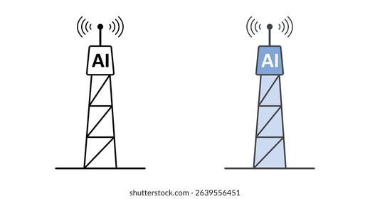 Pollution sensor tower with AI waves icon in outline and color styles, symbolizing air quality monitoring, smart environmental detection, and AI-driven pollution tracking.