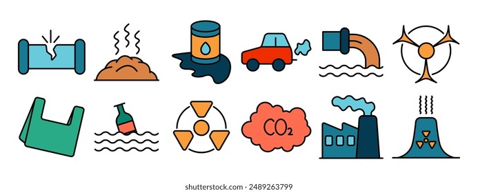 Pollution set icon. Environmental damage, air pollution, water contamination, radioactive waste, plastic waste, CO2 emissions, factory pollution, waste management.