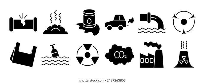 Pollution set icon. Environmental damage, air pollution, water contamination, radioactive waste, plastic waste, CO2 emissions, factory pollution, waste management.