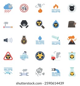 Pollution set icon. Environmental damage, air pollution, water contamination, radioactive waste, plastic waste, CO2 emissions, factory pollution, waste management.