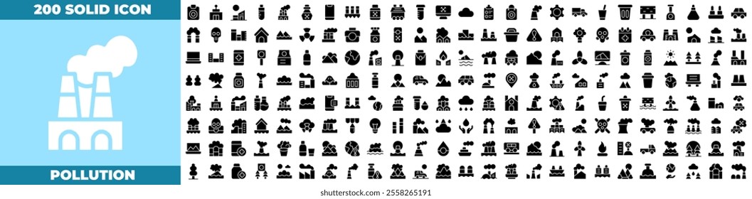 Pollution Solid Editable Icons set. Vector illustration in modern thin solid style of pollution icons: Containing CO2, mask, air filter, PM 2.5, air purifier, etc