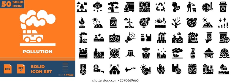 Pollution Solid Editable Icons set. Vector illustration in modern thin solid style of Pollution icons:  CO2, mask, air filter, etc