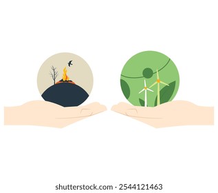 Poluição ou Sustentabilidade, Dois Mundos, Uma Escolha vetor ilustração plana.