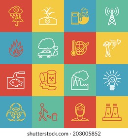 Pollution toxic environment damage radioactive garbage and global warming outline icons isolated vector illustration