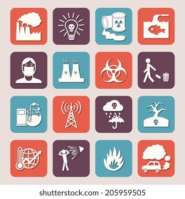 Pollution toxic environment damage radioactive garbage and contamination silhouette icons isolated vector illustration