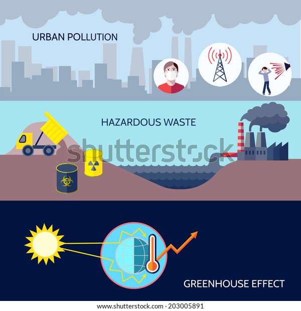 Pollution urban hazardous waste\
greenhouse effect icons flat set isolated vector\
illustration