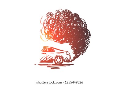 Pollution vector concept. Car with puffs of smoke behind it. Hand drawn sketch isolated illustration