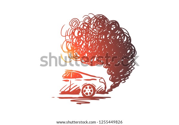 Pollution vector concept.\
Car with puffs of smoke behind it. Hand drawn sketch isolated\
illustration