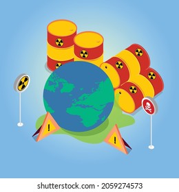 Pollution vector concept. Earth globe polluted by chemical waste barrel with dangerous radioactive symbol