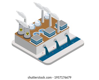 Pollution vector concept. Factory buildings emitting smoke through chimneys while pouring out toxic waste chemicals and garbage in river