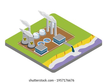 Pollution vector concept. Industrial factory emitting smoke through chimneys while pouring out toxic waste chemicals on river