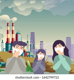Vector de contaminación Humanos con máscaras y fondo de contaminación