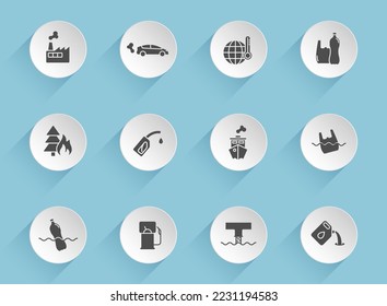 pollution vector icons on round puffy paper circles with transparent shadows on blue background. pollution stock vector icons for web, mobile and user interface design