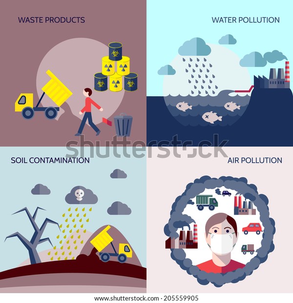 Pollution waste products water soil\
air contamination icons flat set isolated vector\
illustration