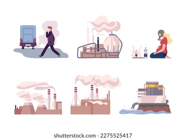 Pollution of water and air by industrial waste set. People suffering from industrial smog and pollutant fog gas cartoon vector illustration