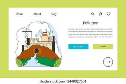 Pollution web banner or landing page. Human influence on nature, water contamination. Industrial site spills waste into pristine waters. Environmental degradation. Flat vector illustration.