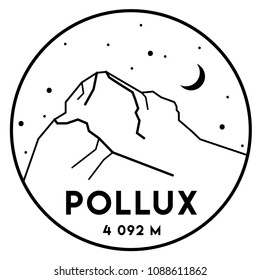 Pollux. Vector black and white illustration. Mountain in Europe. Pennine Alps. Can be used as a print for T-shirts, mugs, stickers, notepads, souvenirs. Climbing, hiking, trekking, camping.