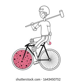 Polo bike player with bat and ball.. Can be used as a print on a t-shirt, coloring page for adults. 