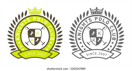 Polo club logo. Shield horse badge. Equestrian competition. Polo sport game emblem with crown and banner. Print for polo team