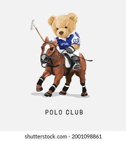 polo club slogan with bear doll polo player vector illustration