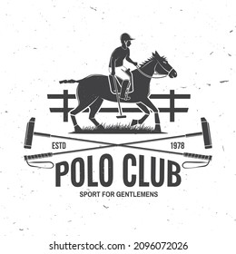 Polo club sport badge, patch, emblem, logo. Vector illustration. Vintage monochrome equestrian label with rider and horse silhouettes. Polo club competition riding sport. Concept for shirt or logo