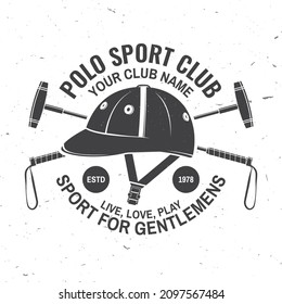 Polo club sport badge, patch, emblem, logo. Vector illustration. Vintage monochrome equestrian label with polo helmet and polo mallet silhouettes. Polo club competition riding sport. Concept for shirt