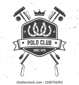 Polo club sport badge, patch, emblem, logo. Vector illustration. Vintage monochrome equestrian label with horseshoe and polo mallet silhouettes. Polo club competition riding sport. Concept for shirt