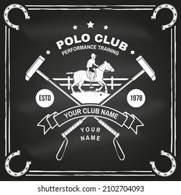 Polo club sport badge, patch, emblem, logo. Vector illustration. Vintage monochrome polo label with rider and horse silhouettes. Polo club competition riding sport. Concept for shirt or logo, print