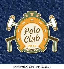 Polo club sport badge, patch, emblem, logo. Vector illustration. Vintage equestrian label, sticker with horseshoe and polo mallet silhouettes. Polo club competition riding sport.