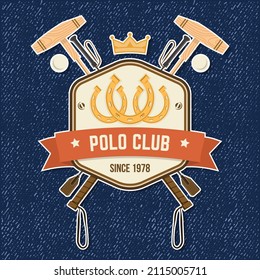 Polo club sport badge, patch, emblem, logo. Vector illustration. Color equestrian label, sticker with horseshoe and polo mallet silhouettes. Polo club competition riding sport.