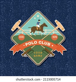 Polo club sport badge, patch, emblem, logo. Vector illustration. Color equestrian label, sticker with rider and horse silhouettes. Polo club competition riding sport.